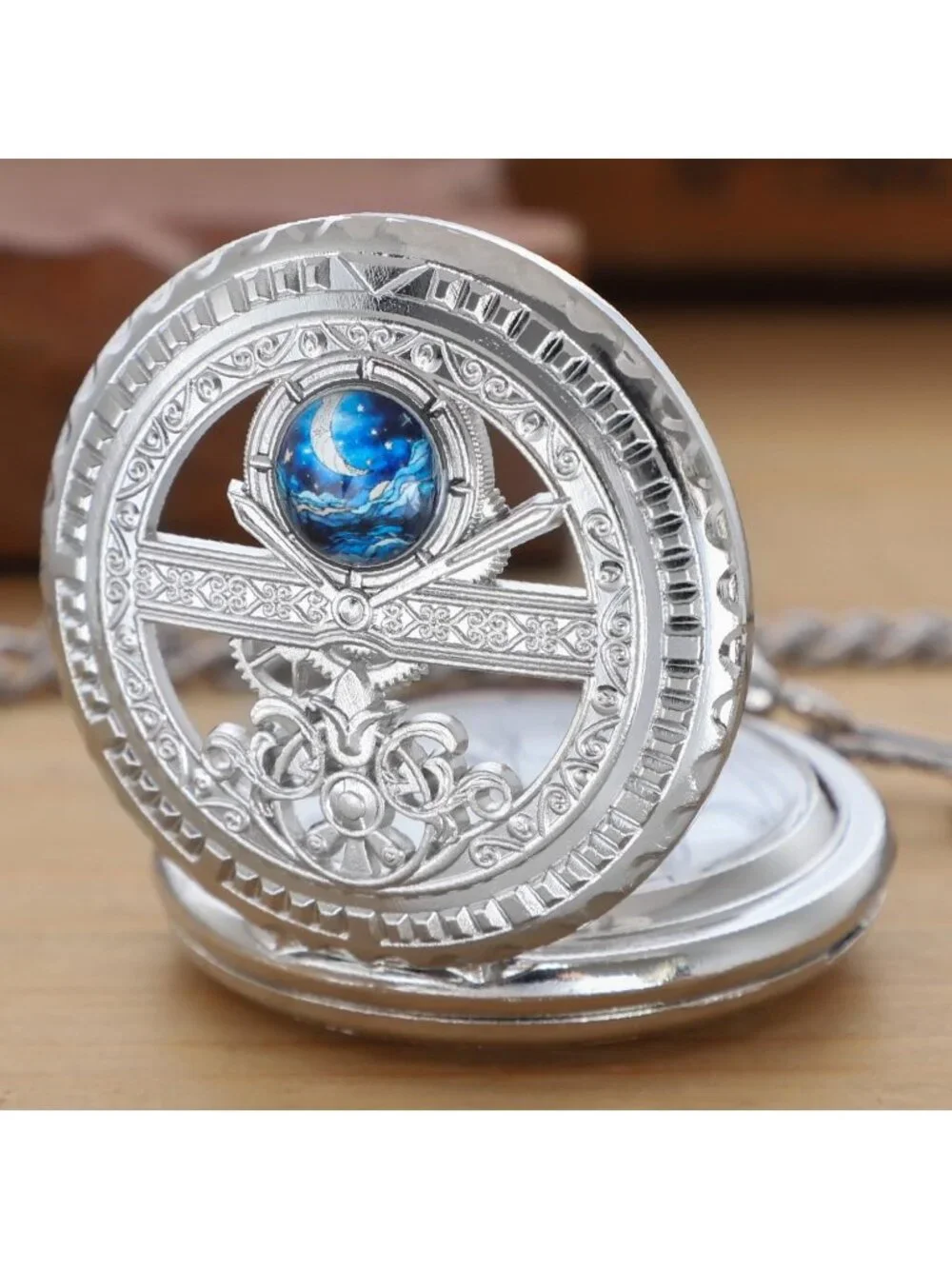 Men's Silver Analog Quartz Arabic Numeral Moon Phase Chain Dial Pocket Watch